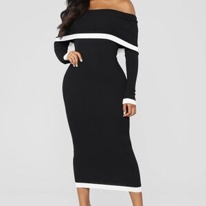 NEW RIBBED BLACK WHITE OFF SHOULD SWEATER MAXI DRESS L